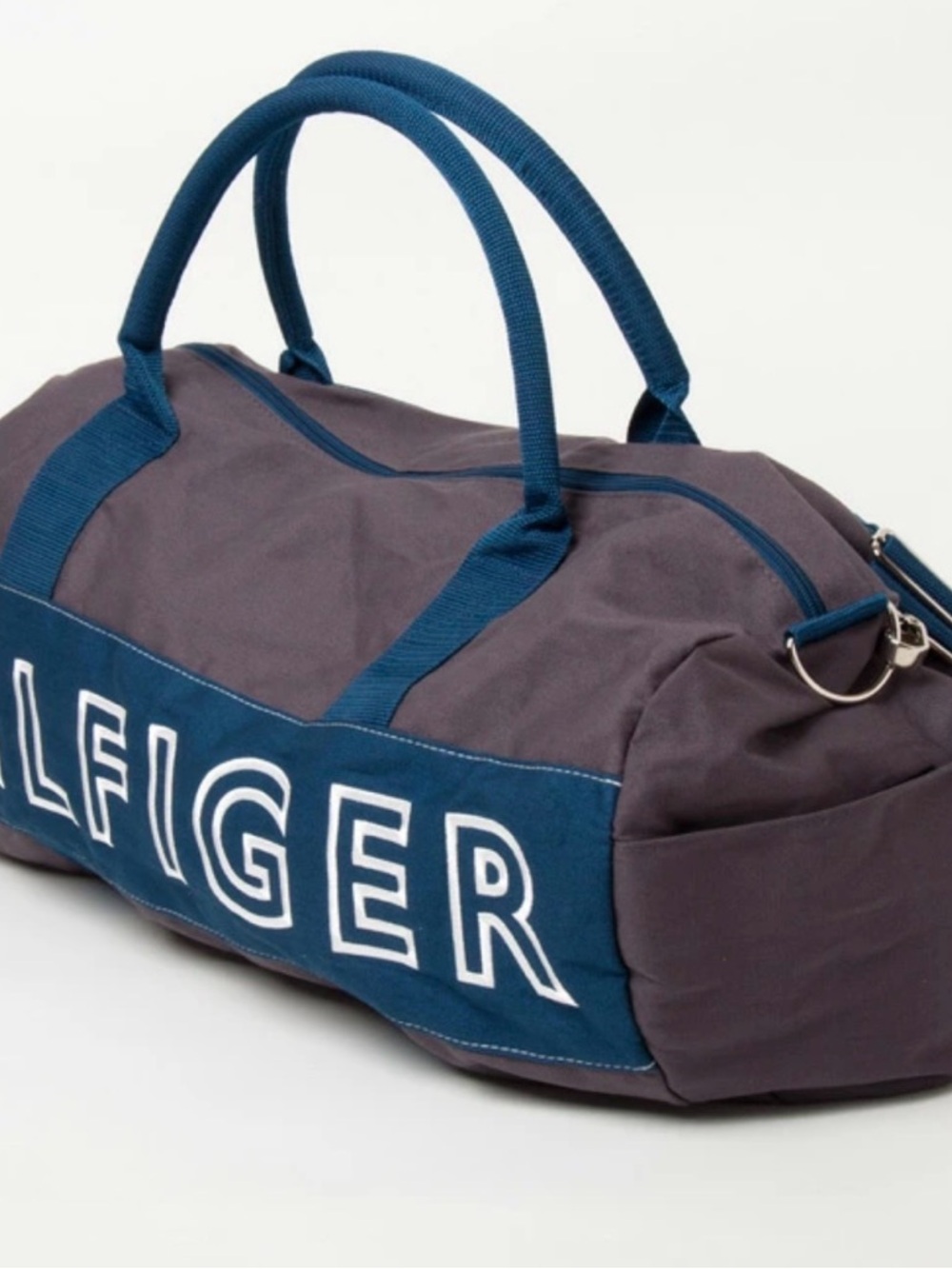 Tommy Hilfiger Blue Grey Canvas Duffle Logo Shoulder Bag Travel Gym Beach